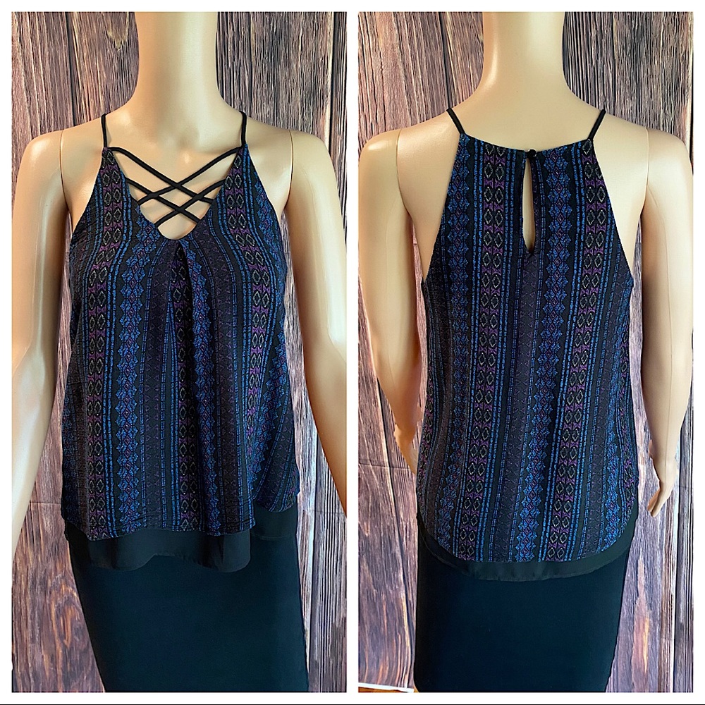Monteau size small black blue & pink boho tribal print pattern summer tank top